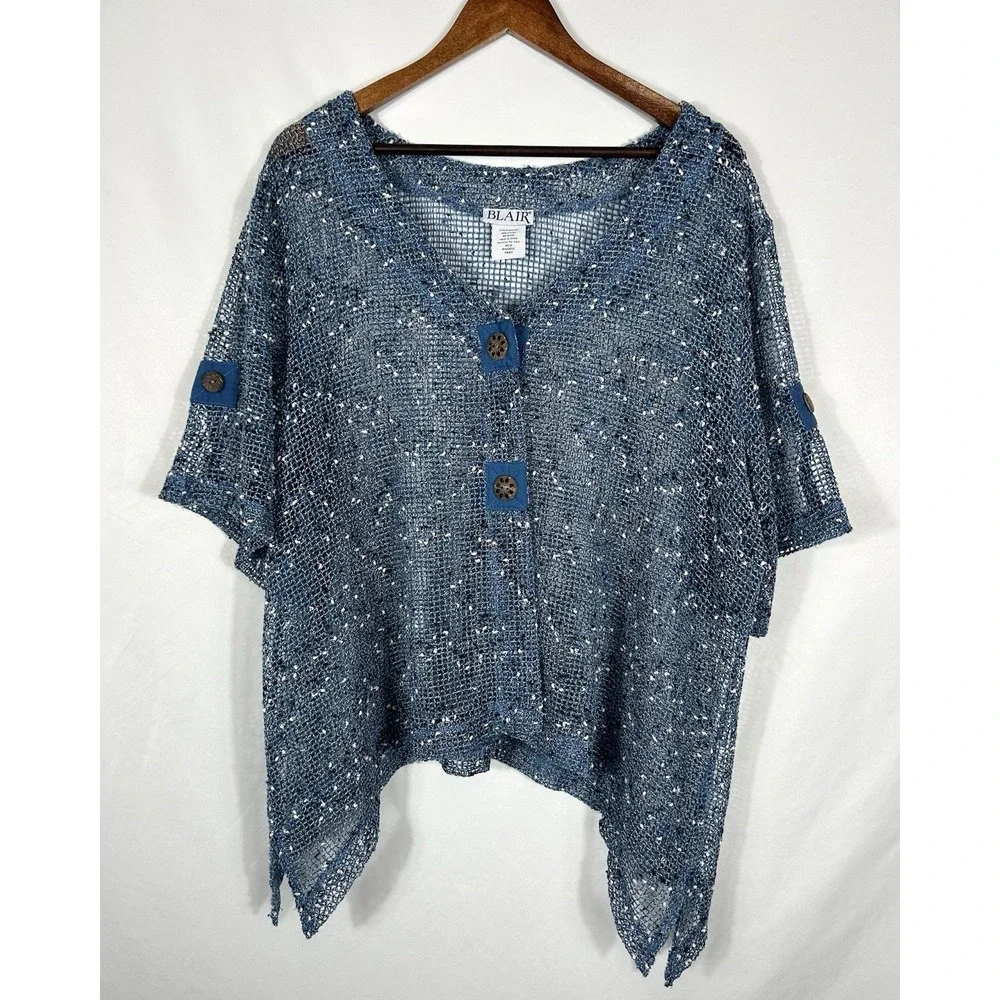 Blair Sheer Mesh Open‎ Knit Top Coconut Button Asymmetric Boho Art Beach Size XL